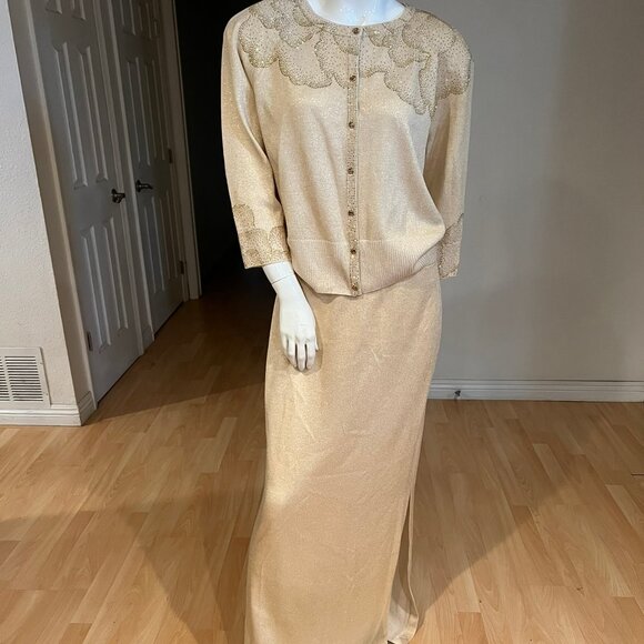 $1490 NEW ST JOHN EVENING GOLD EMBELLISHED 2 PIECE JACKET SKIRT SZ 10